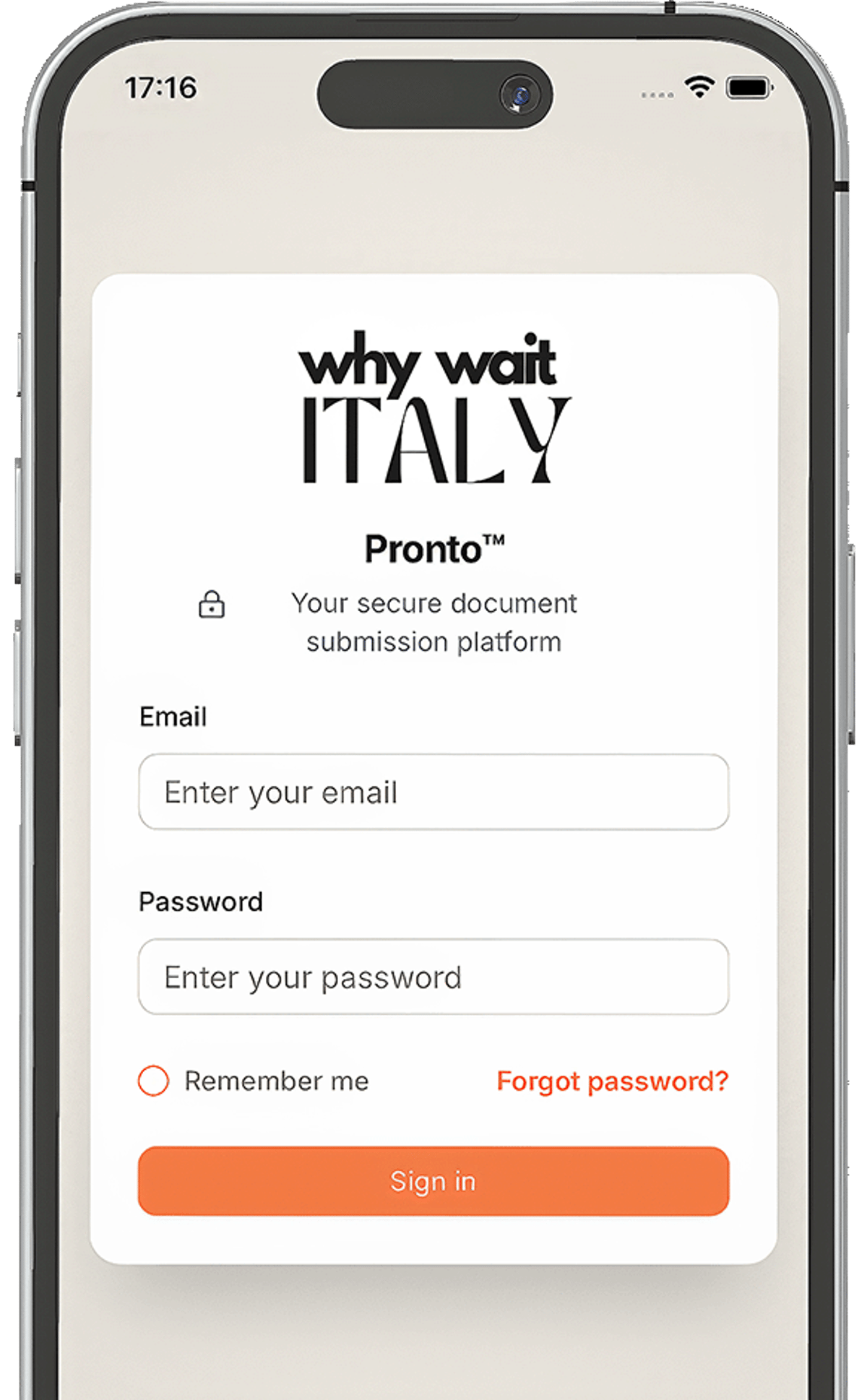 A mobile phone displaying the login screen for Why Wait Italy's secure document submission platform, Pronto.
