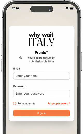 A mobile phone displaying the login screen for Why Wait Italy's secure document submission platform, Pronto.