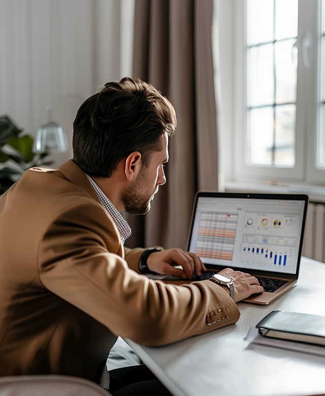 Investor using laptop, highlighting Why Wait Italy's expertise in facilitating the Investor Visa for relocation to Italy.