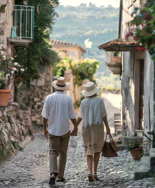 Retired couple holding hands and walking in a charming Italian village street, enjoying life in Italy made possible by Why Wait Italy's Elective Residency Visa services.