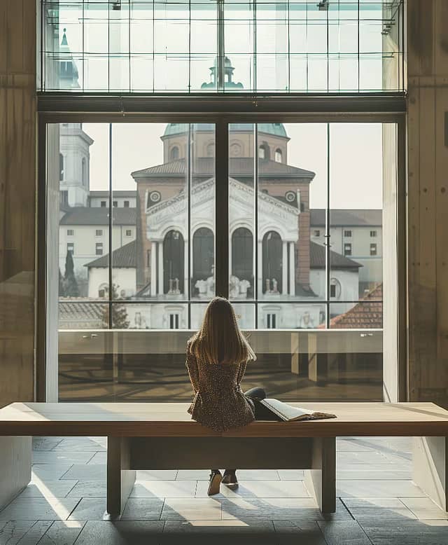 A student sits looking out a window at an Italian city view, representing the study abroad experience made possible by Why Wait Italy's student visa services.