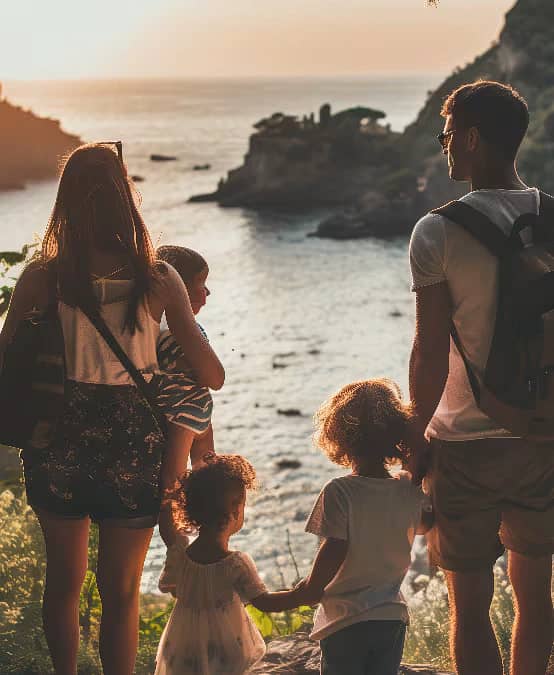 Family looking out at a scenic Italian coast at sunset.