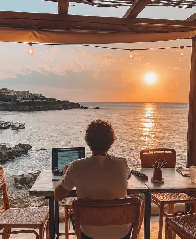 A digital nomad works on a laptop at a table overlooking a sunset ocean view.