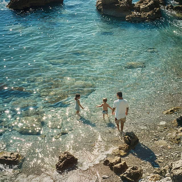 Family with children wading in clear water by a rocky Italian beach.