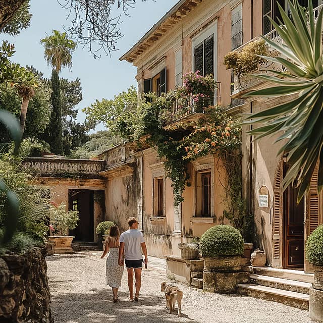 Couple and dog walking towards a beautiful Italian villa.