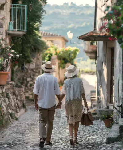 Retired couple holding hands and walking in a charming Italian village street, enjoying life in Italy made possible by Why Wait Italy's Elective Residency Visa services.