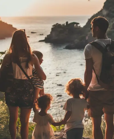 Family looking out at a scenic Italian coast at sunset.