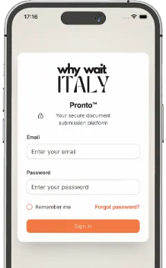 A mobile phone displaying the login screen for Why Wait Italy's secure document submission platform, Pronto.